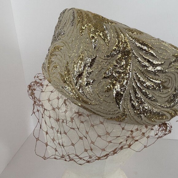 Sequin Pillbox Hat Vintage Gold Brocade Cocktail Netting Union Tag UHCMW Label - Picture 6 of 11